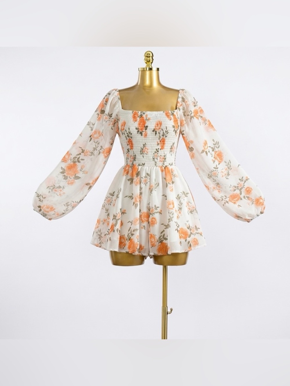 Floral Smocked Mini romper with Sheer Balloon Sleeves - Peach on Cream